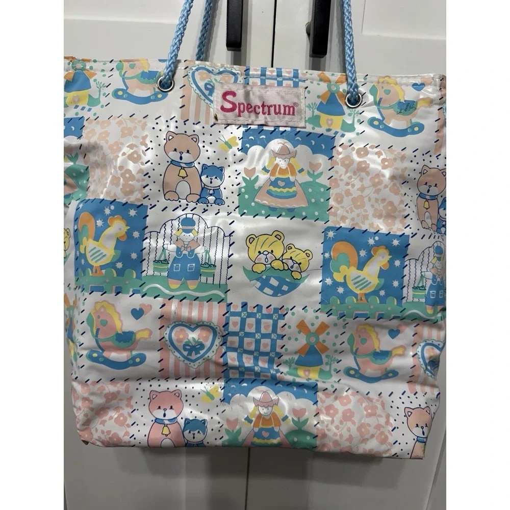 Vtg Vinyl Spectrum Diaper Bag Tote Teddy Bears Cat Rooster Pastel 90s
